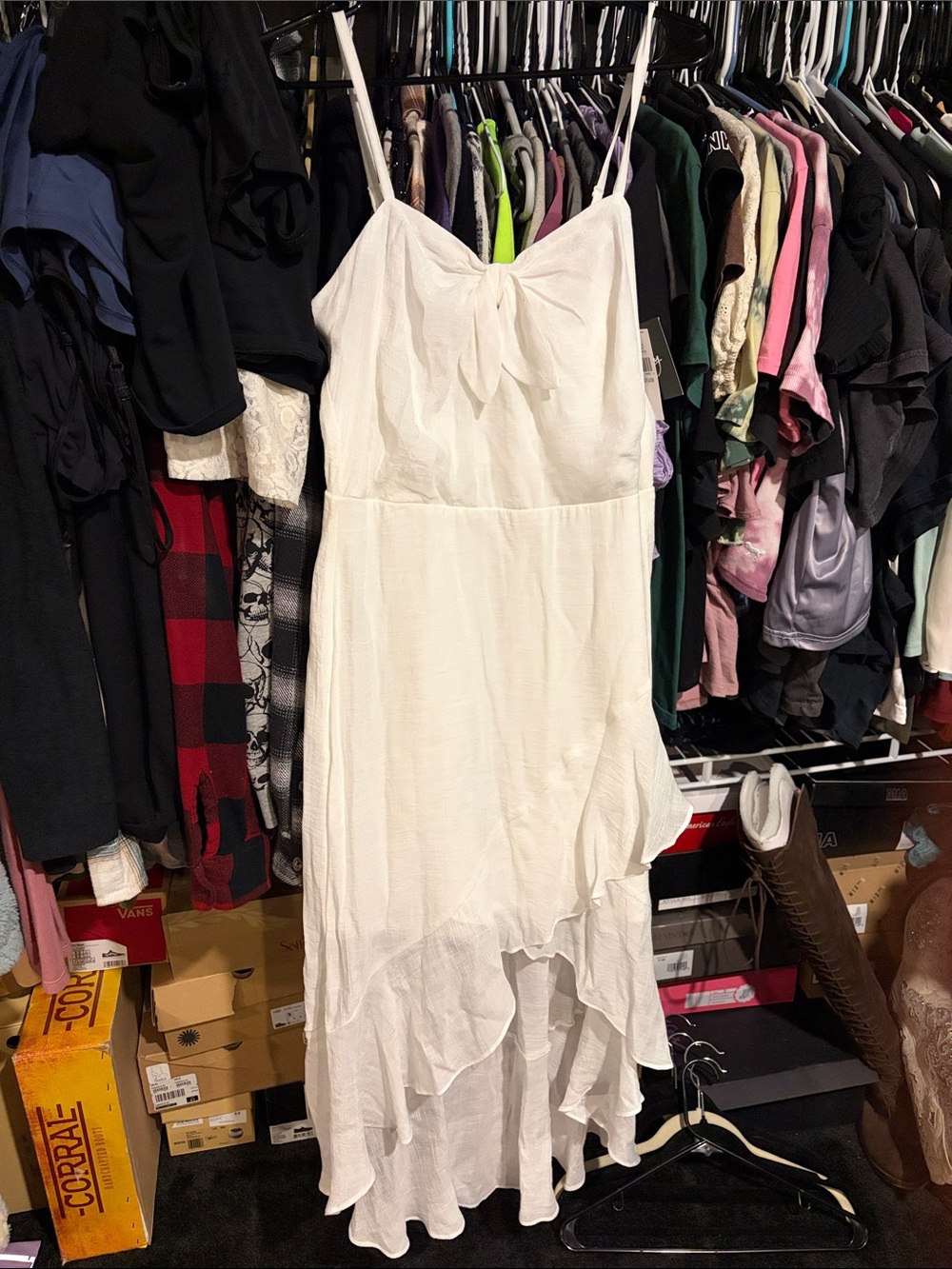 H&M White Spaghetti-Strap Asymmetric Ruffle Maxi Dress